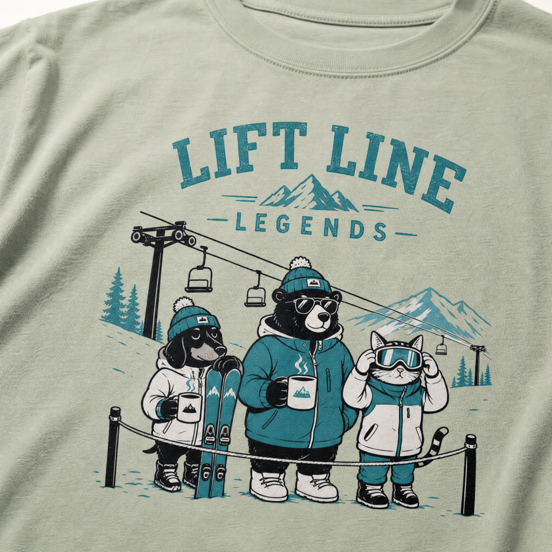 Bay green t-shirt with 'Lift Line Legends' graphic design featuring a bear, cat, , dog, and a ski lift.