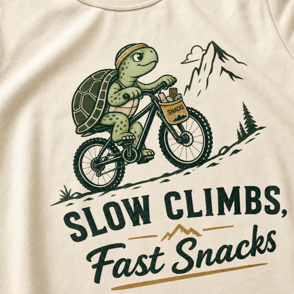 Ivory white t-shirt with a graphic of a turtle riding a bike and text 'Slow Climbs, Fast Snacks'.