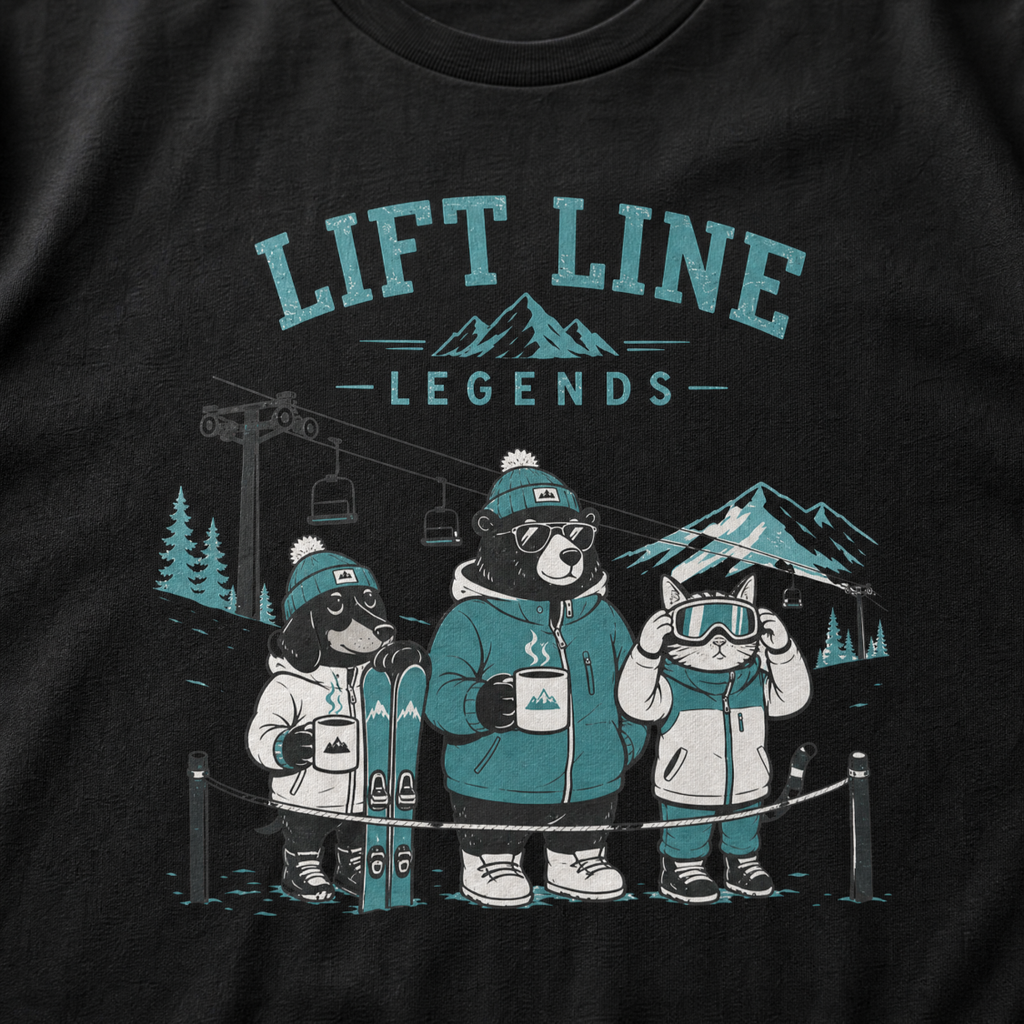 Black t-shirt with 'Lift Line Legends' graphic design featuring a bear, cat, , dog, and a ski lift.