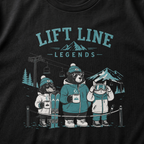 Black t-shirt with 'Lift Line Legends' graphic design featuring a bear, cat, , dog, and a ski lift.