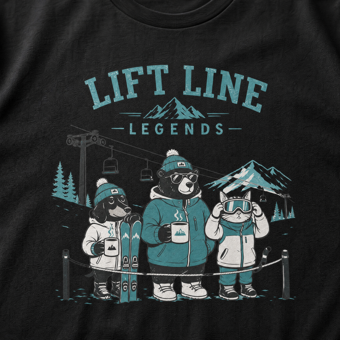 Black t-shirt with 'Lift Line Legends' graphic design featuring a bear, cat, , dog, and a ski lift.