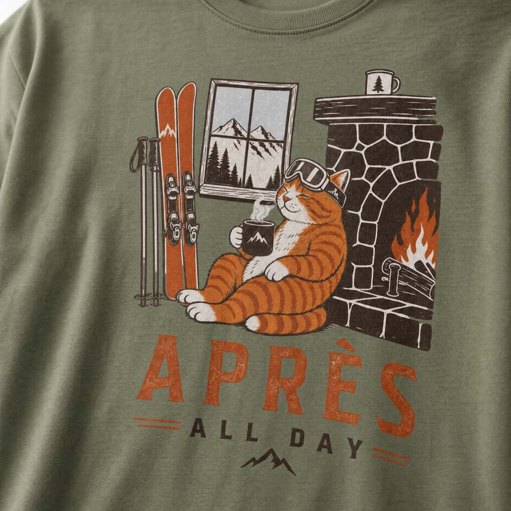 Moss green t-shirt with a graphic of a cat by a fireplace and skis, with 'Après All Day' text.