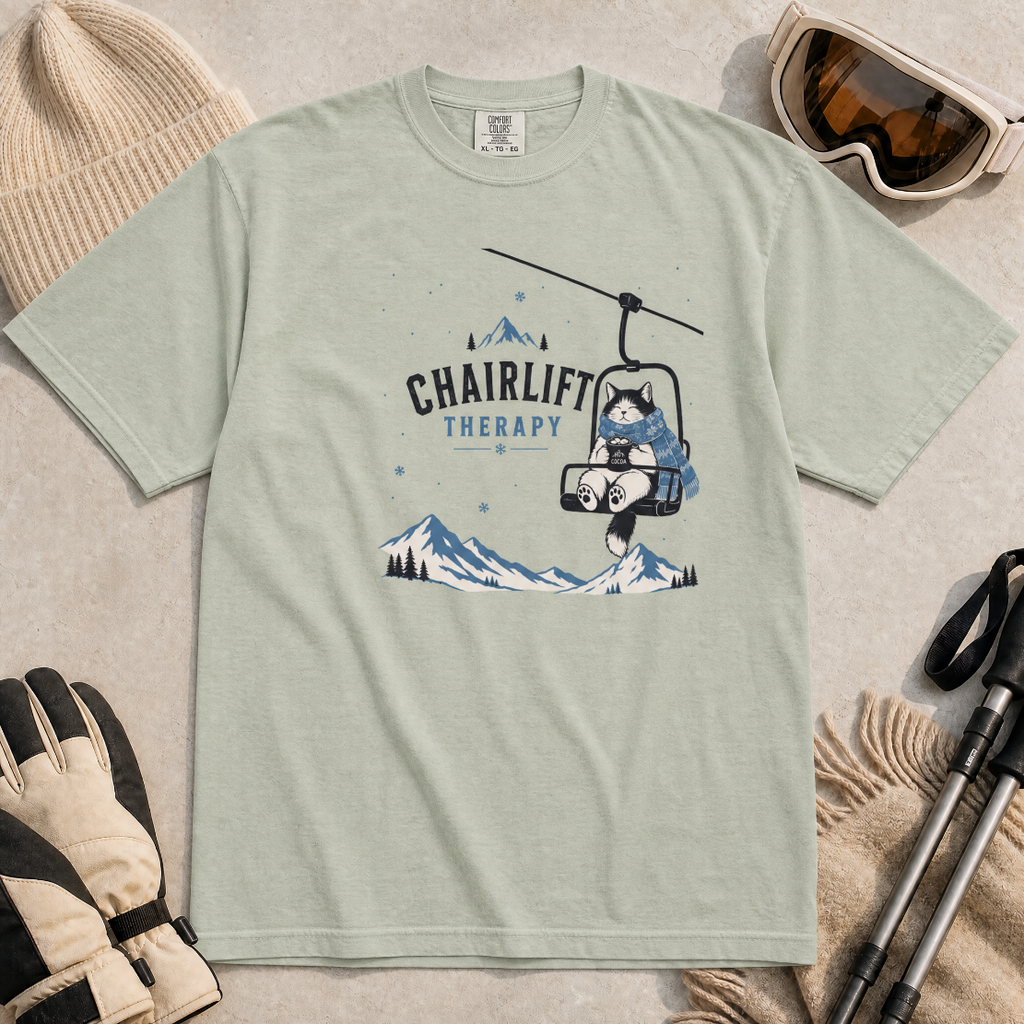 Bay green t-shirt with 'Chairlift Therapy' graphic design.