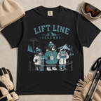 Black t-shirt with 'Lift Line Legends' graphic design featuring a bear, cat, , dog, and a ski lift.