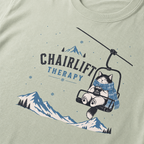 Bay green t-shirt with 'Chairlift Therapy' graphic design.