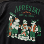 Black t-shirt with 'Apres Ski Social Club' graphic.