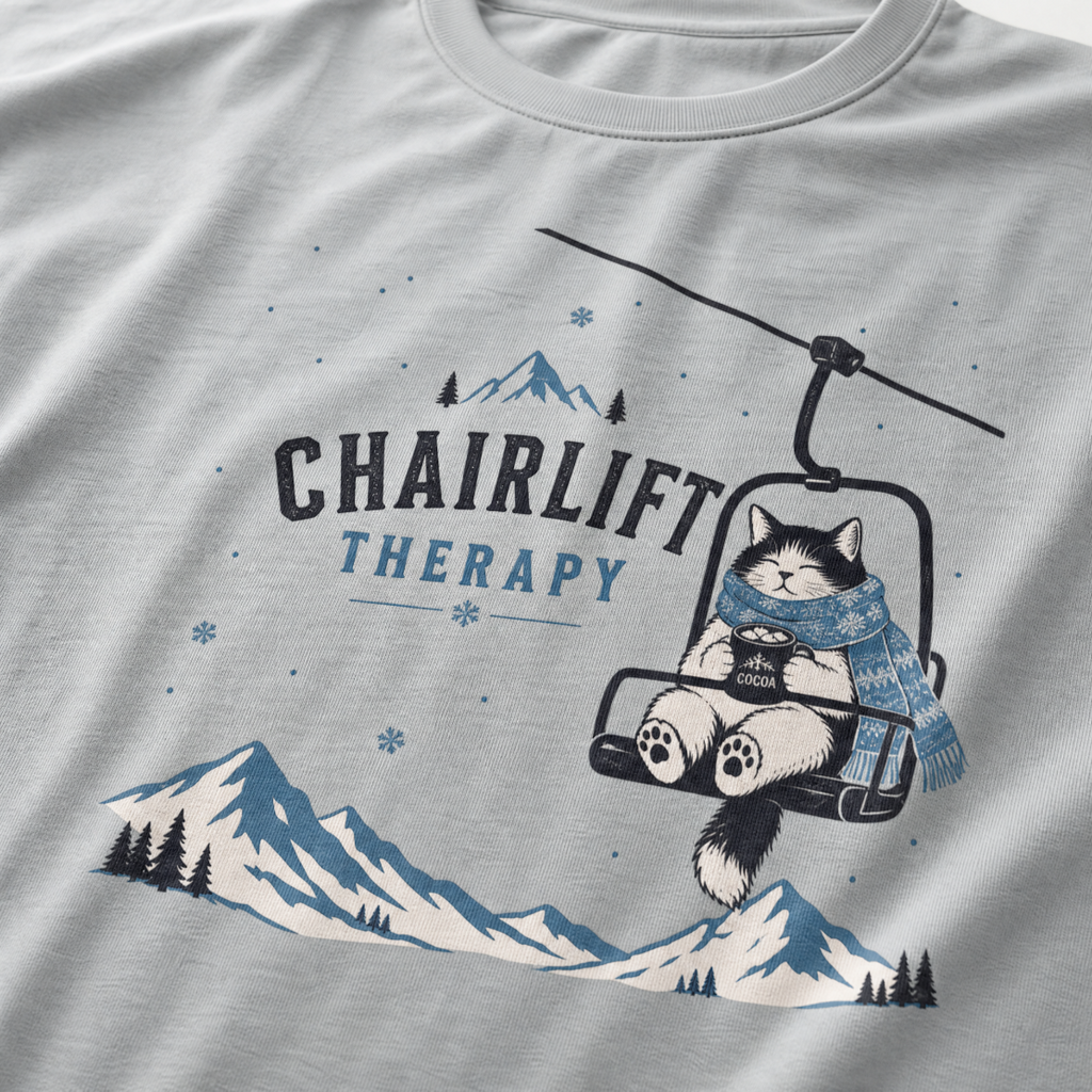 Granite gray t-shirt with 'Chairlift Therapy' graphic design.