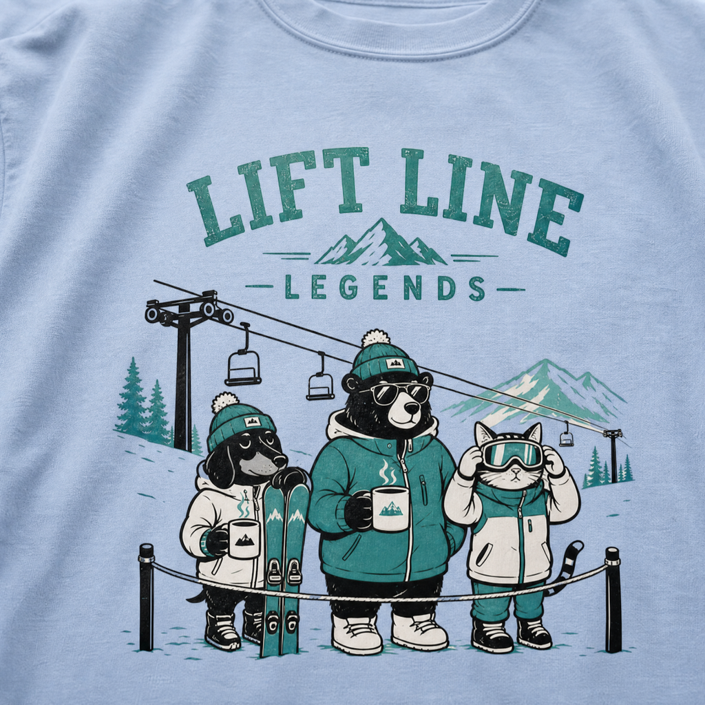 Washed denim blue t-shirt with 'Lift Line Legends' graphic design featuring a bear, cat, , dog, and a ski lift.