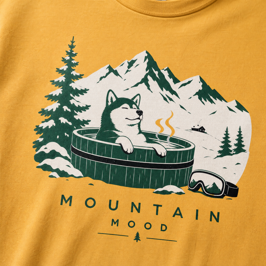 Mustard yellow t-shirt with a graphic of a husky in a hot tub surrounded by mountains and trees.