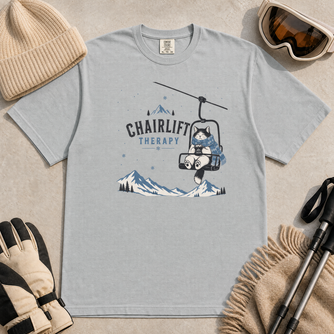 Granite gray t-shirt with 'Chairlift Therapy' graphic design.