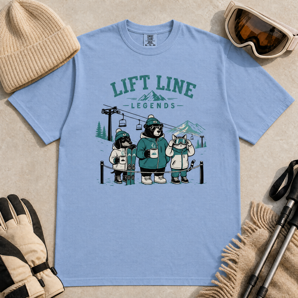 Washed denim blue t-shirt with 'Lift Line Legends' graphic design featuring a bear, cat, , dog, and a ski lift.
