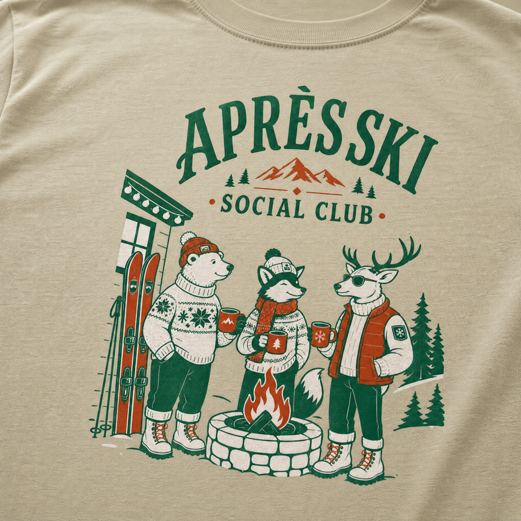 Khaki colored t-shirt with 'Apres Ski Social Club' graphic.