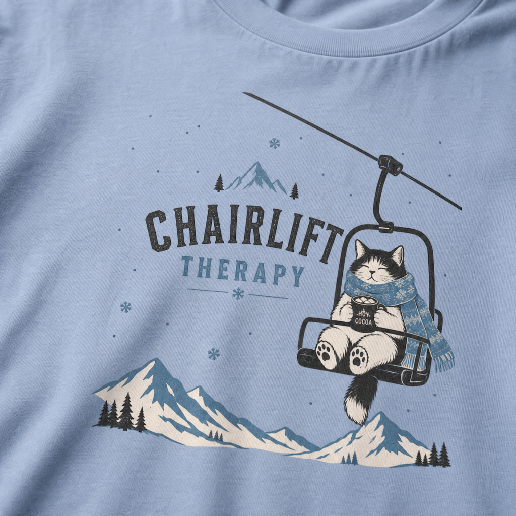 Washed denim blue t-shirt with 'Chairlift Therapy' graphic design.