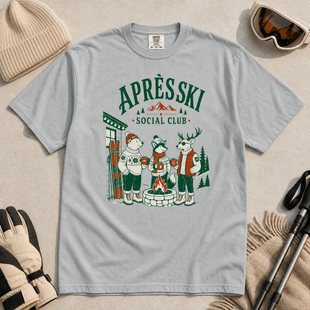 Granite gray t-shirt with 'Apres Ski Social Club' graphic.