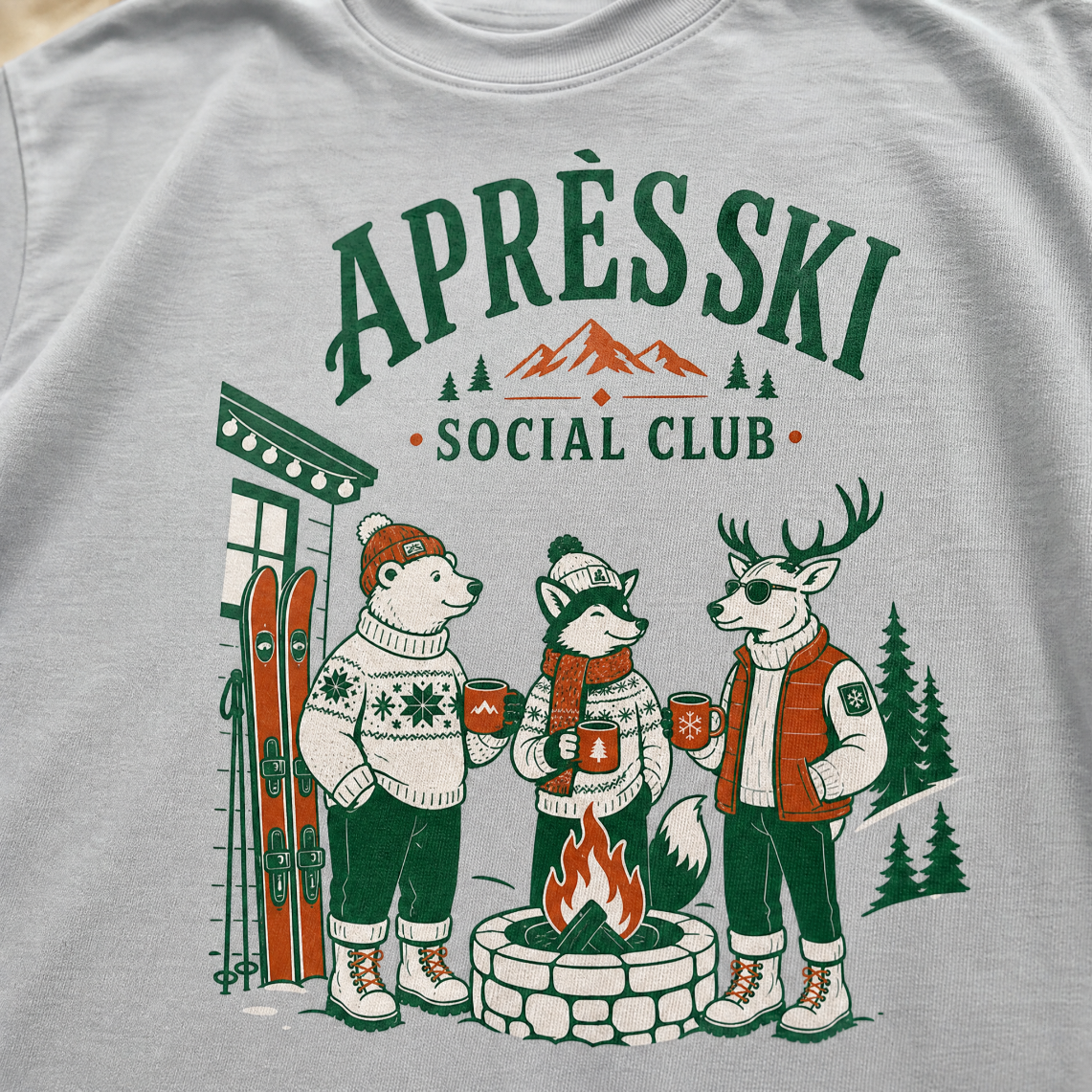 Granite gray t-shirt with 'Apres Ski Social Club' graphic.