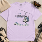 Orchid colored t-shirt with 'Chairlift Therapy' graphic design.
