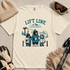 Ivory white t-shirt with 'Lift Line Legends' graphic design featuring a bear, cat, dog, and a ski lift.