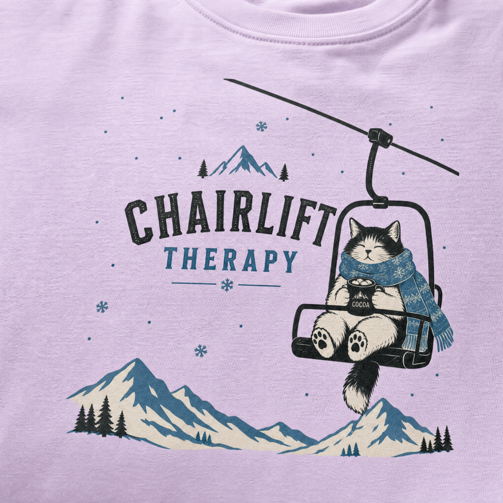Orchid colored t-shirt with 'Chairlift Therapy' graphic design.
