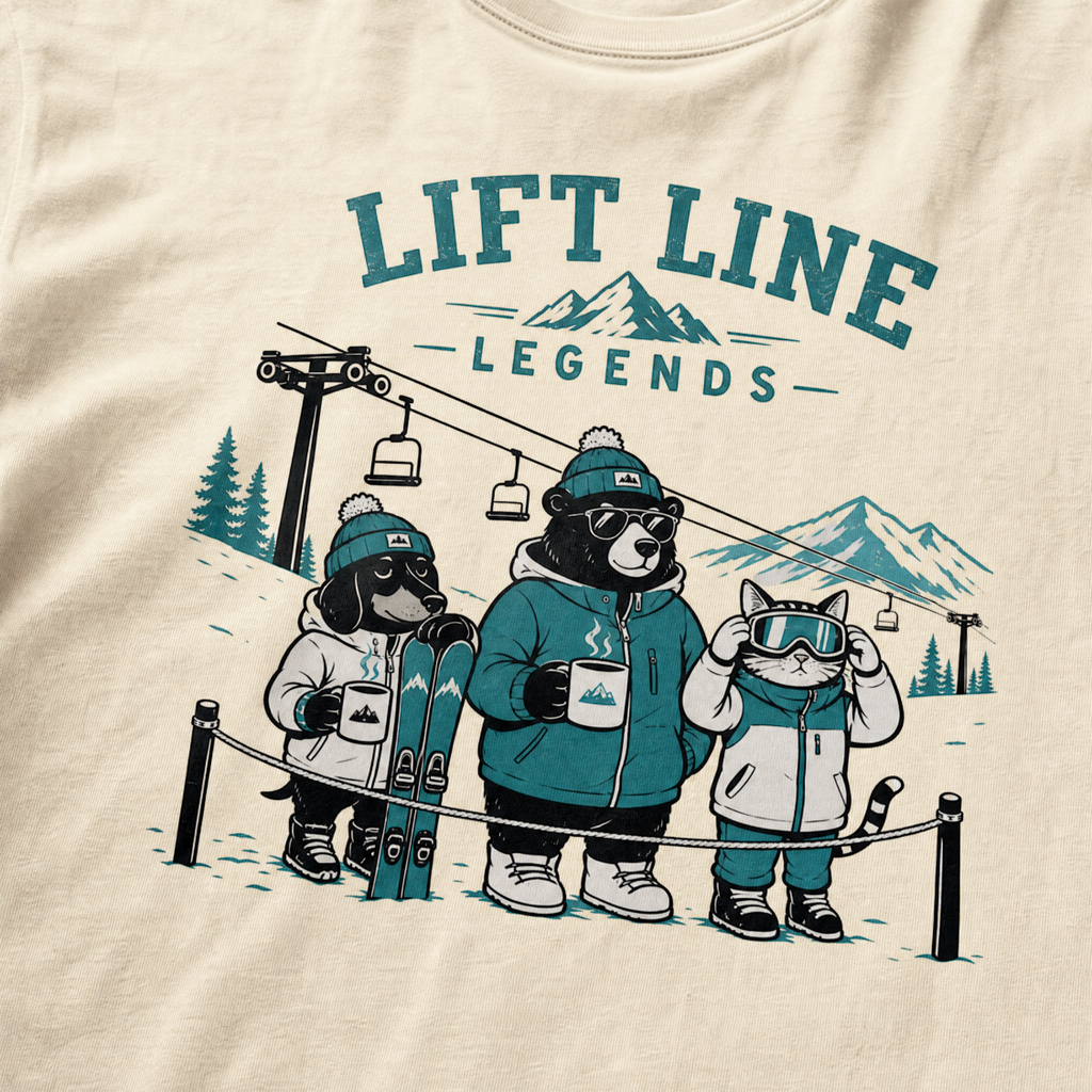 Ivory white t-shirt with 'Lift Line Legends' graphic design featuring a bear, cat, , dog, and a ski lift.