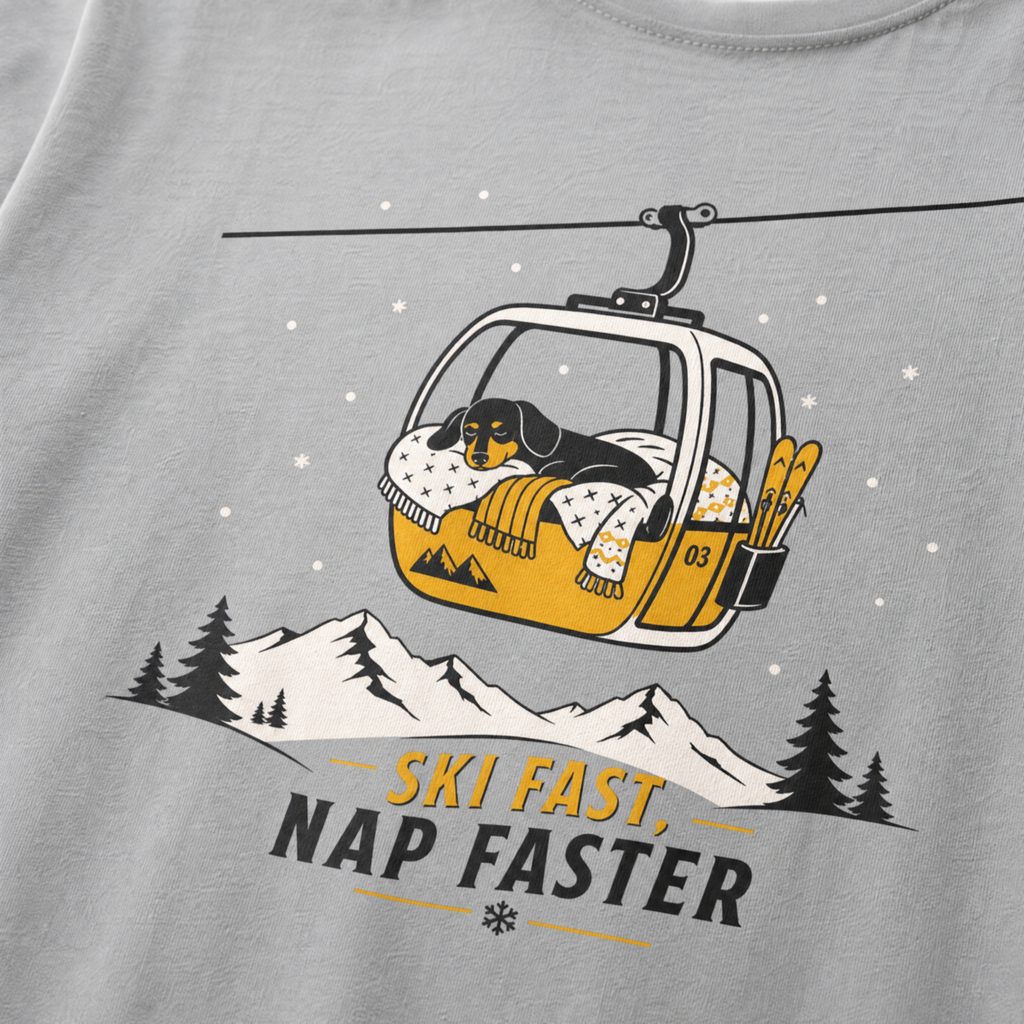 Granite gray t-shirt with a graphic of a dog in a gondola lift and text 'Ski Fast Nap Faster'.