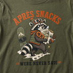 Hemp green t-shirt with a raccoon stealing snacks graphic and "Après Snacks Were Never Safe" text.
