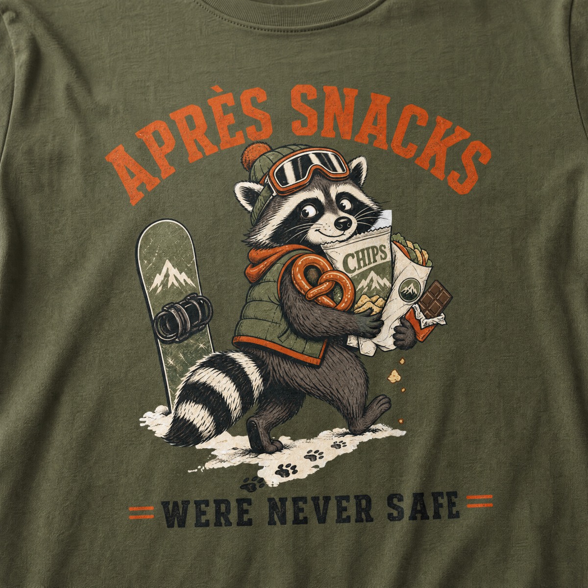 Hemp green t-shirt with a raccoon stealing snacks graphic and "Après Snacks Were Never Safe" text.