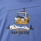 Mystic blue t-shirt with a graphic of a dog in a gondola lift and text 'Ski Fast Nap Faster'.