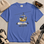 Mystic blue t-shirt with a graphic of a dog in a gondola lift and text 'Ski Fast Nap Faster'.