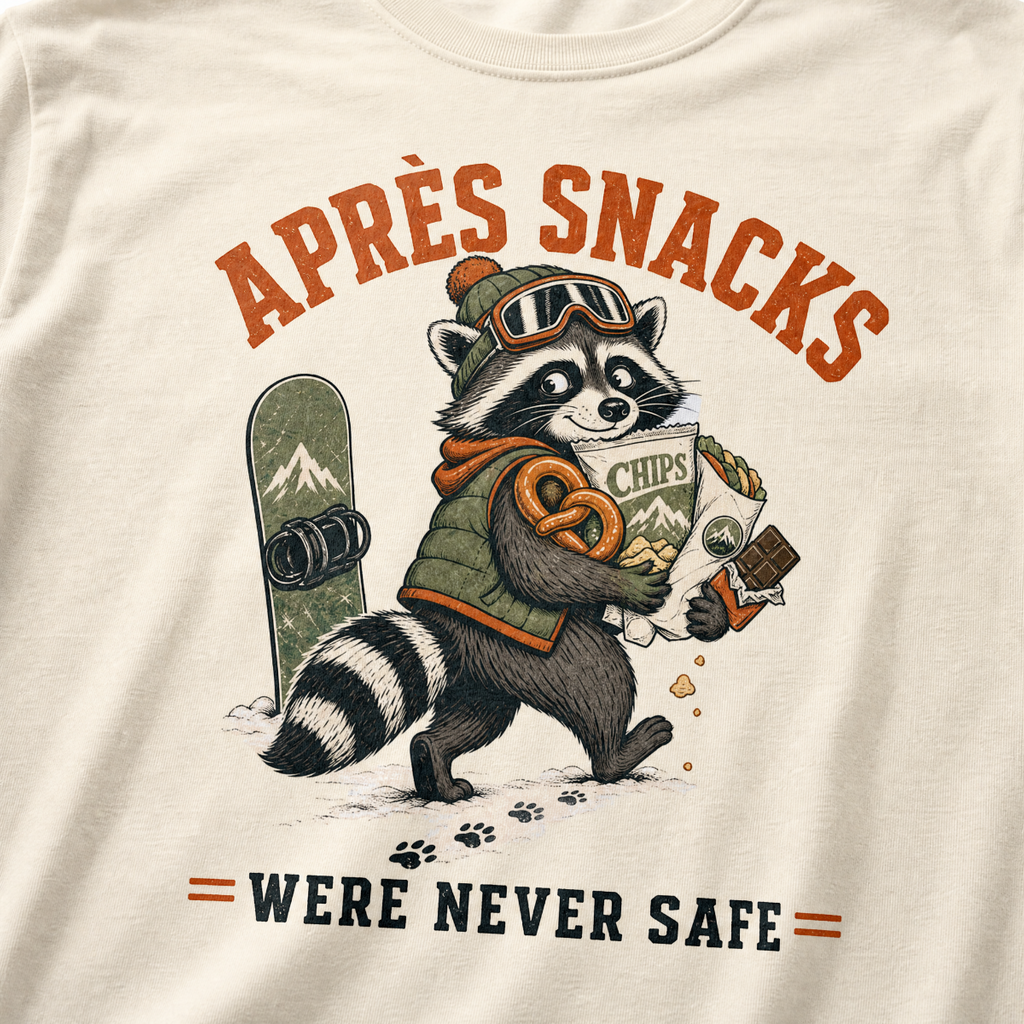 Ivory white t-shirt with a raccoon stealing snacks graphic and "Après Snacks Were Never Safe" text.