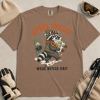 Espresso brown t-shirt with a raccoon stealing snacks graphic and "Après Snacks Were Never Safe" text.