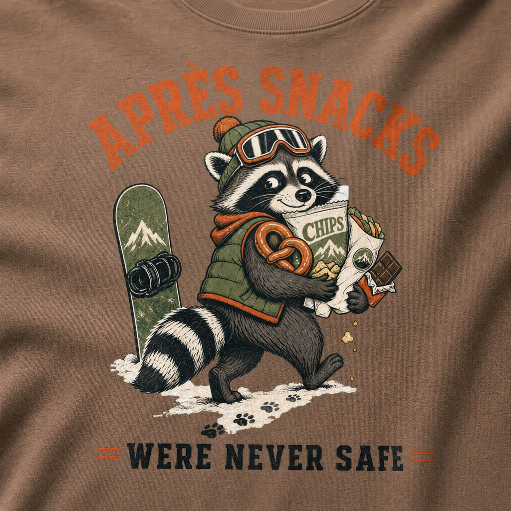 Espresso brown t-shirt with a raccoon stealing snacks graphic and "Après Snacks Were Never Safe" text.
