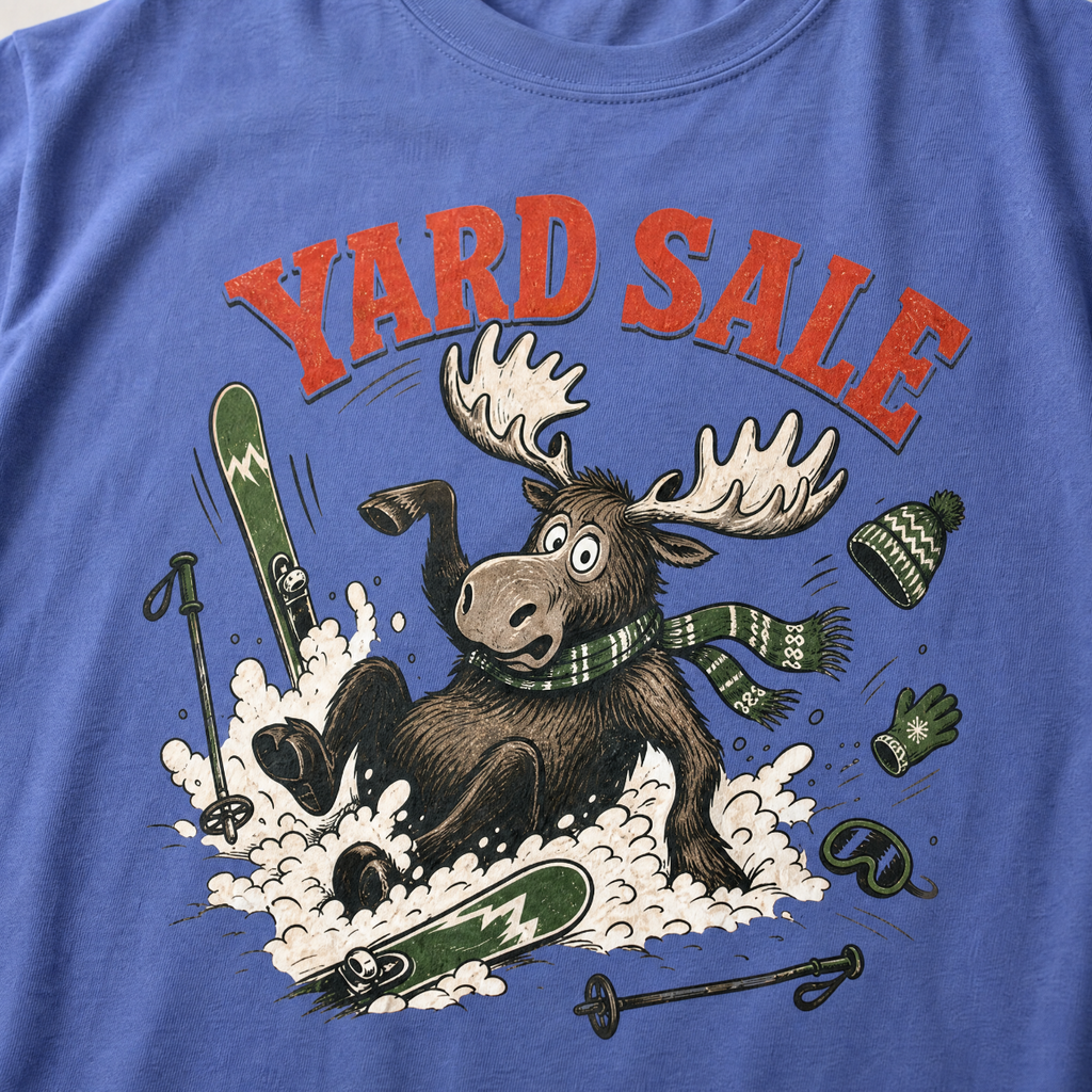 Mystic blue t-shirt with moose graphic and 'Yard Sale' text, surrounded by winter accessories on a light background