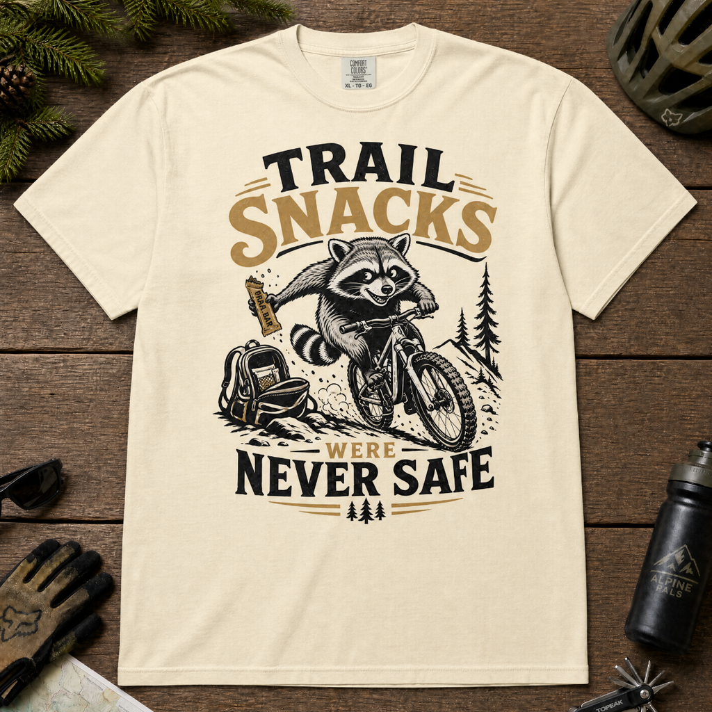 Ivory white t-shirt with a raccoon graphic and text 'Trail Snacks Were Never Safe' on a wooden surface.