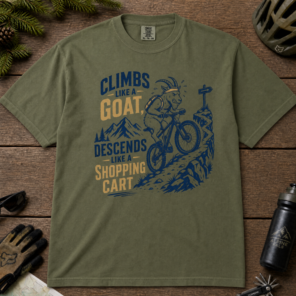 Hemp green t-shirt with graphic design and text on a wooden surface with outdoor gear.