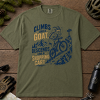 Hemp green t-shirt with graphic design and text on a wooden surface with outdoor gear.