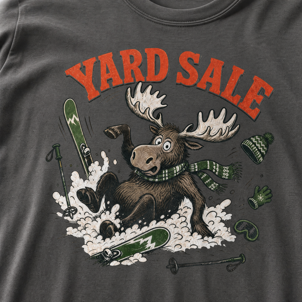 Pepper gray t-shirt with moose graphic and 'Yard Sale' text, surrounded by winter accessories on a light background