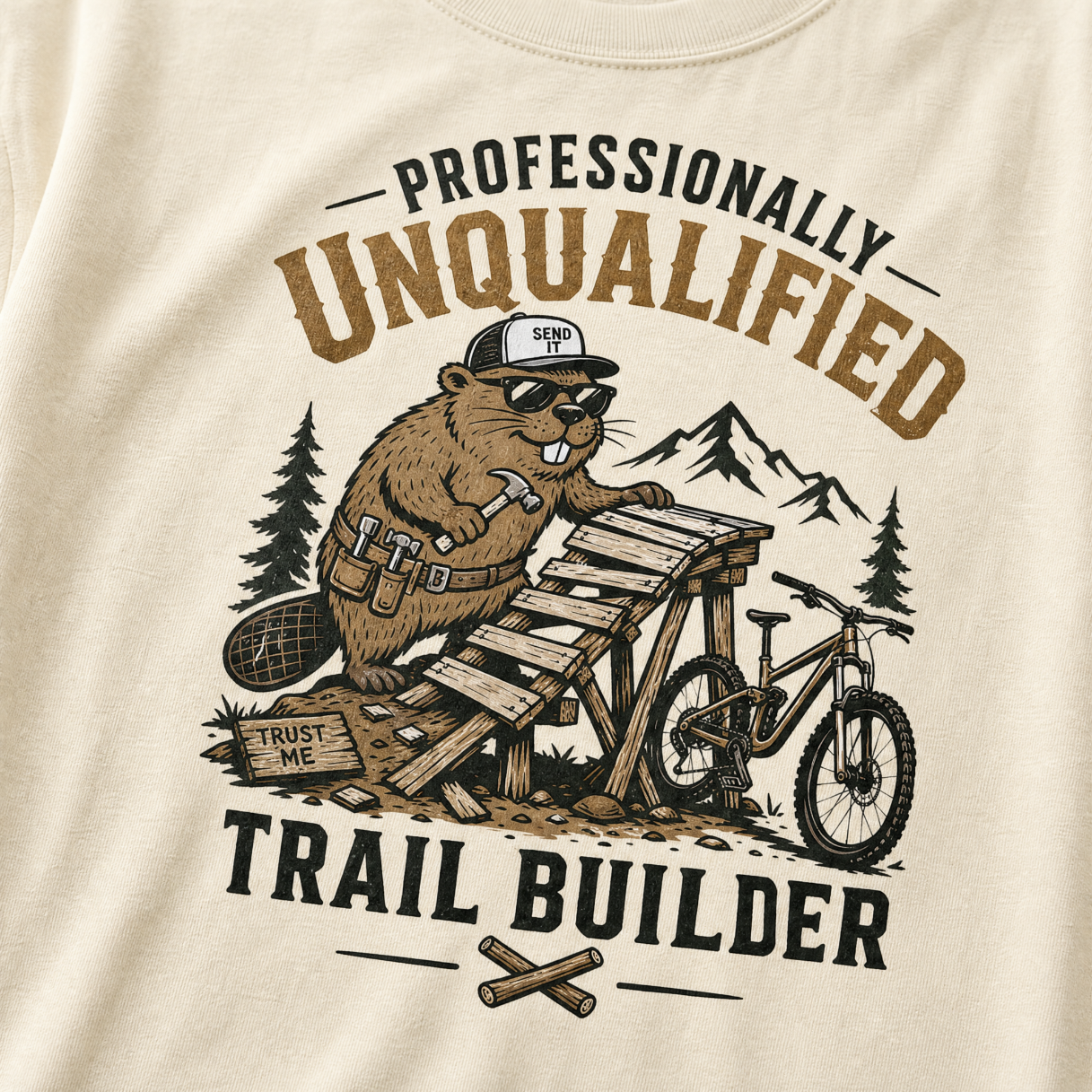 Beaver graphic on a t-shirt with text 'Professionally Unqualified Trail Builder'.
