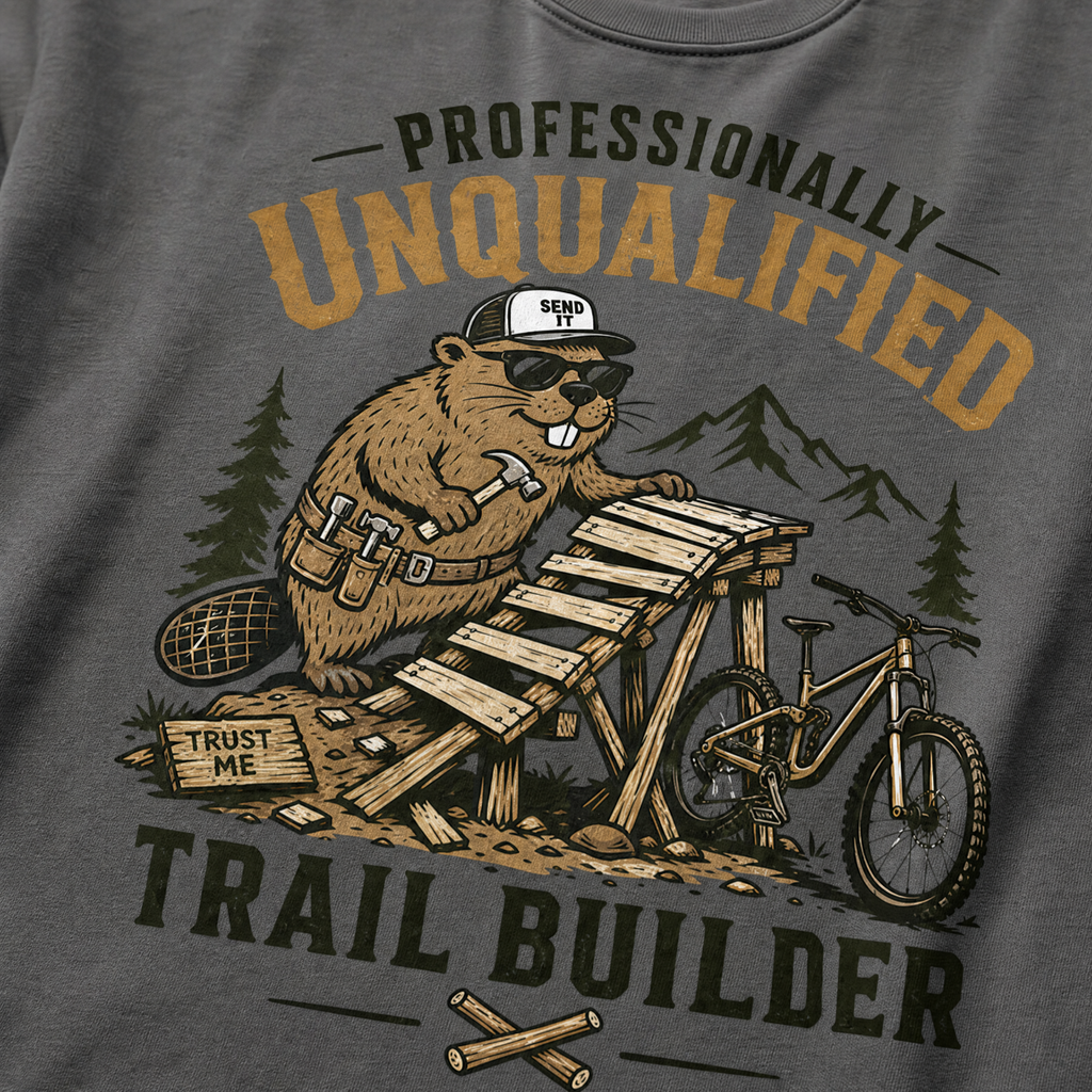 Pepper gray t-shirt with a beaver graphic and text 'Professionally Unqualified Trail Builder'.