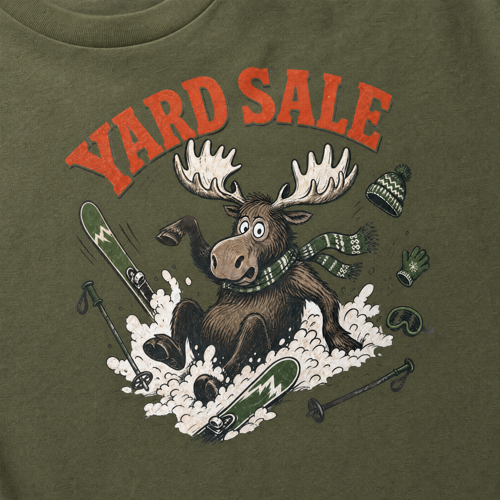 Hemp green t-shirt with moose graphic and 'Yard Sale' text, surrounded by winter accessories on a light background