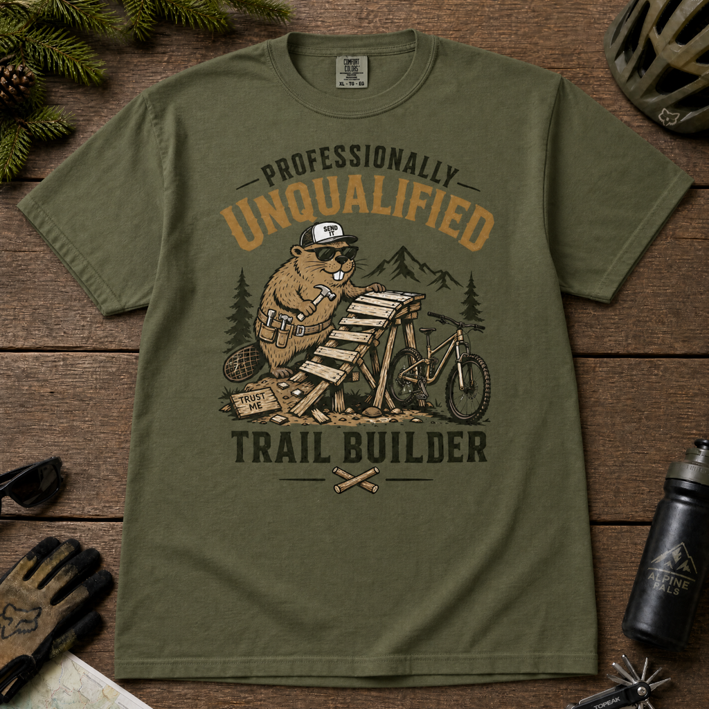 Hemp green t-shirt with graphic design of a beaver building a trail, surrounded by outdoor gear on a wooden surface.