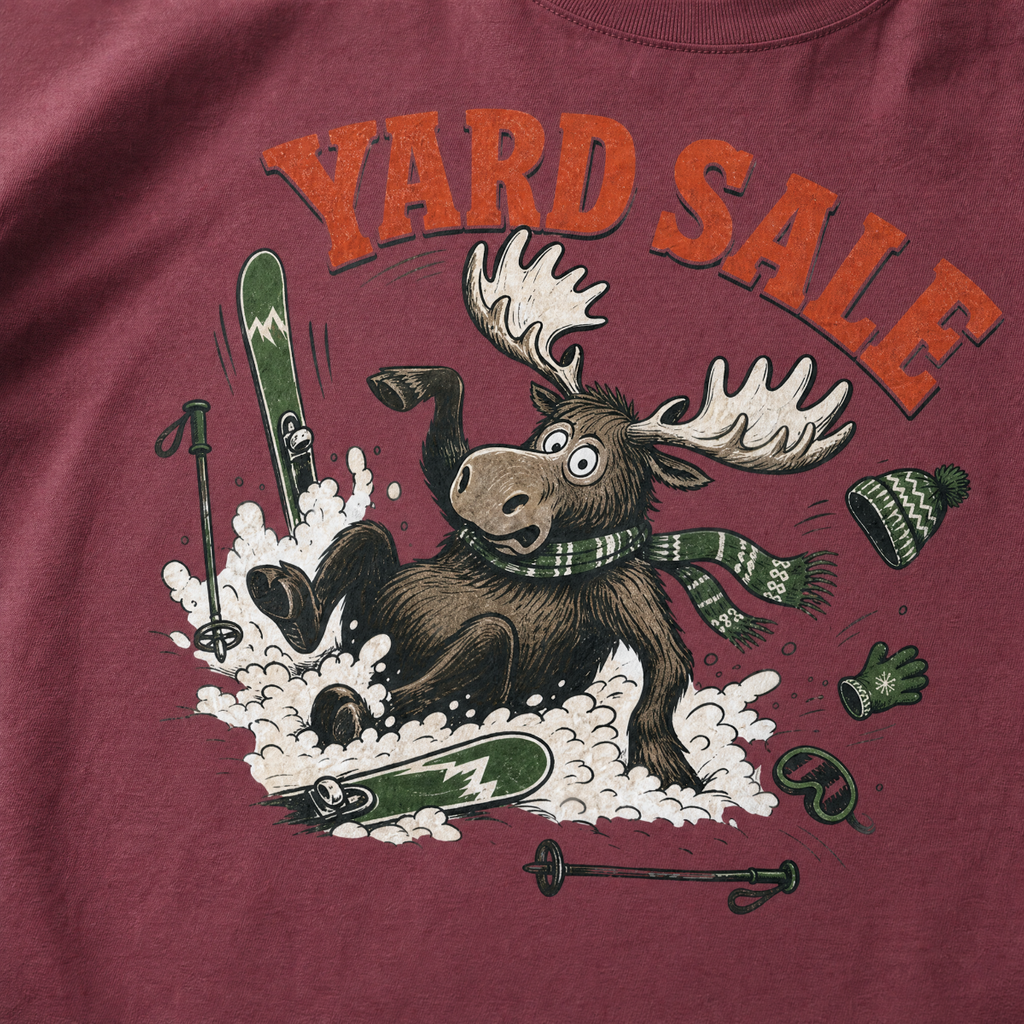 Brick red t-shirt with moose graphic and 'Yard Sale' text, surrounded by winter accessories on a light background