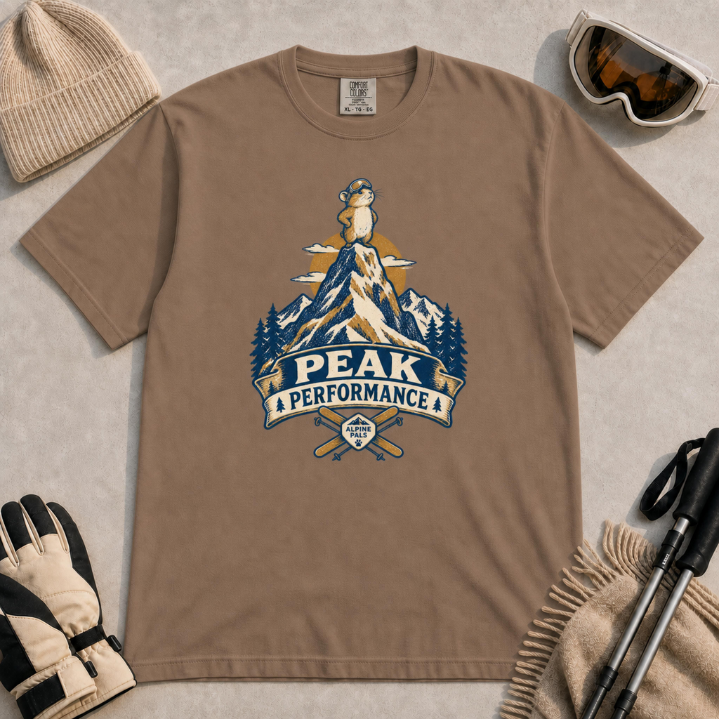 Espresso t-shirt featuring a retro “Peak Performance” ski graphic with a goggle-wearing marmot standing atop a snowy mountain above crossed skis.