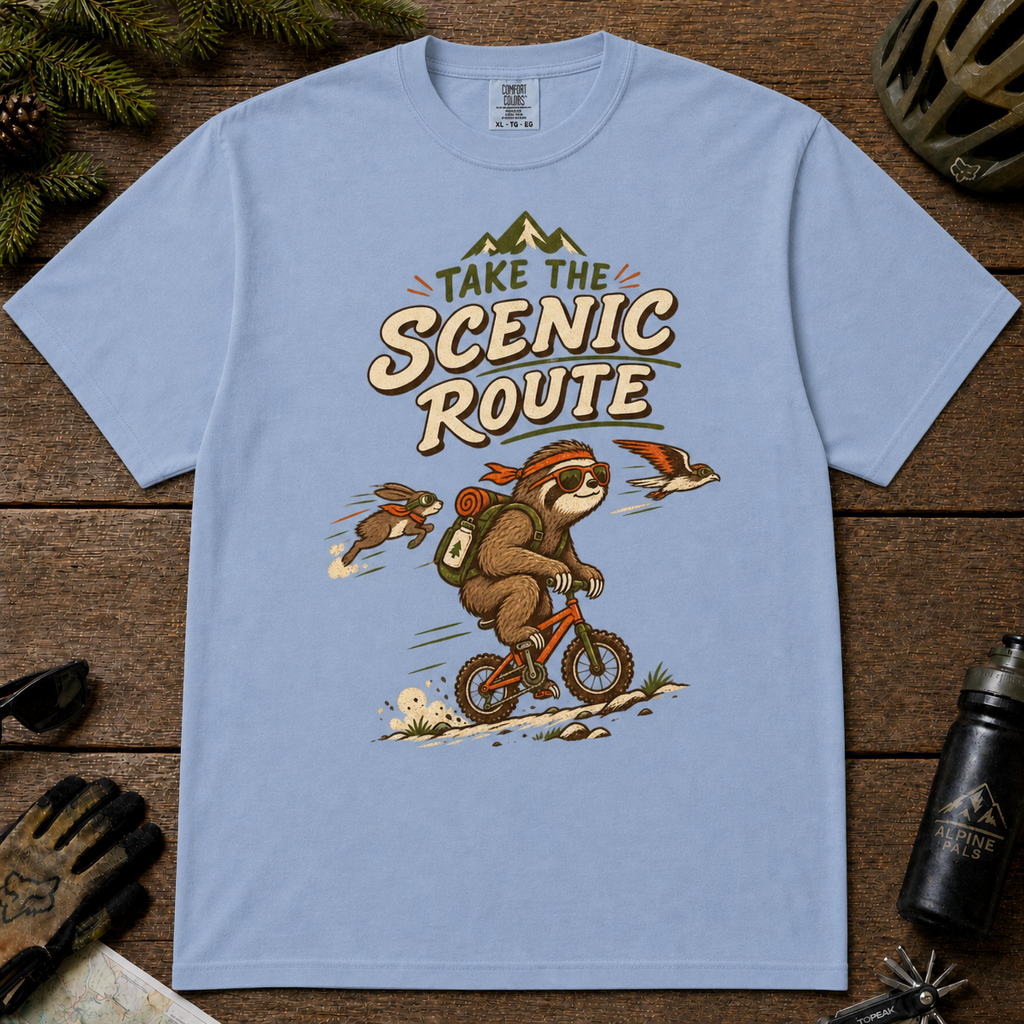Washed denim t-shirt featuring a sloth riding a tiny mountain bike alongside a rabbit and bird with the text “Take the Scenic Route.”