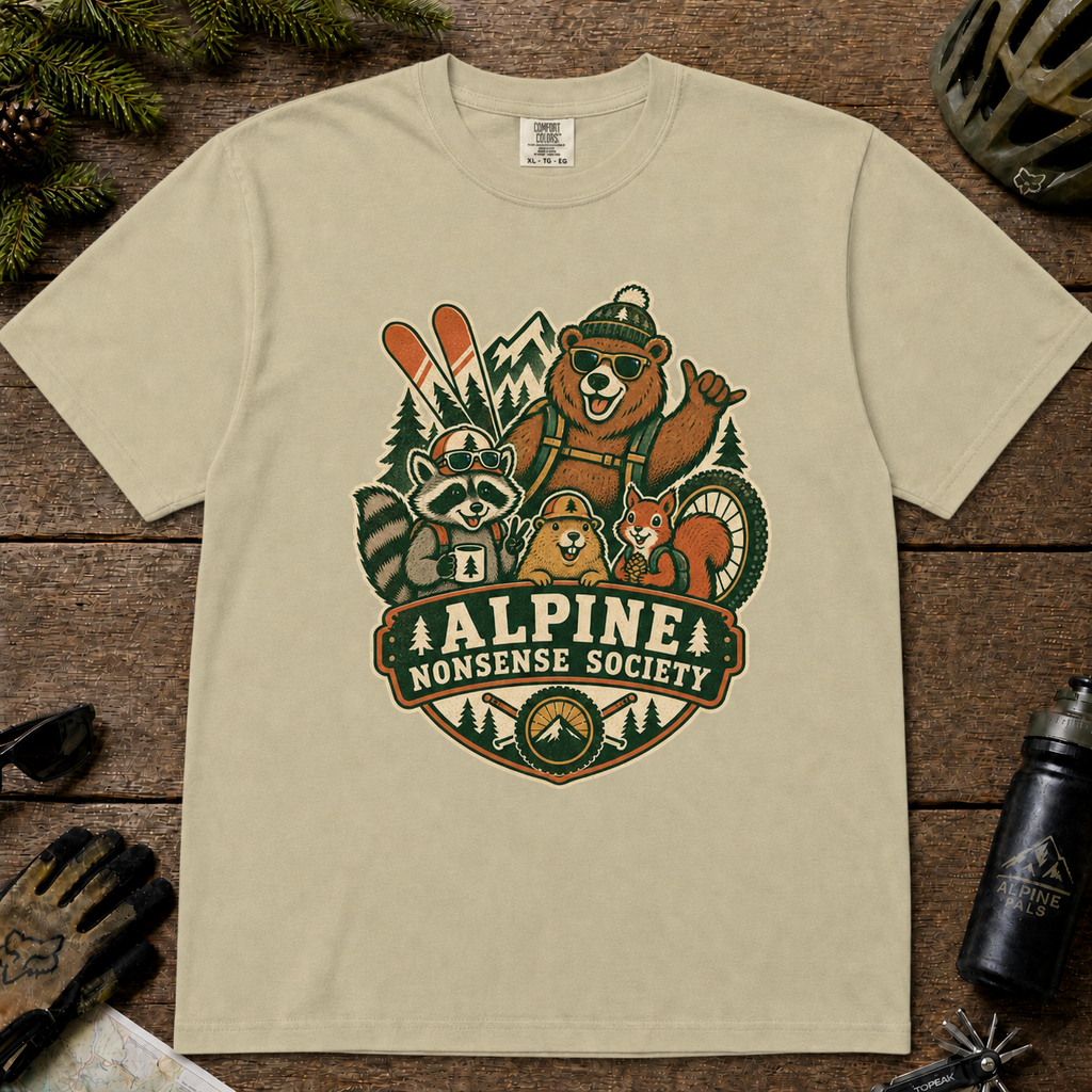 Khaki t-shirt featuring a retro alpine club graphic with a bear, raccoon, marmot, and squirrel surrounded by skis, a bike wheel, and mountains, with the text “Alpine Nonsense Society.”