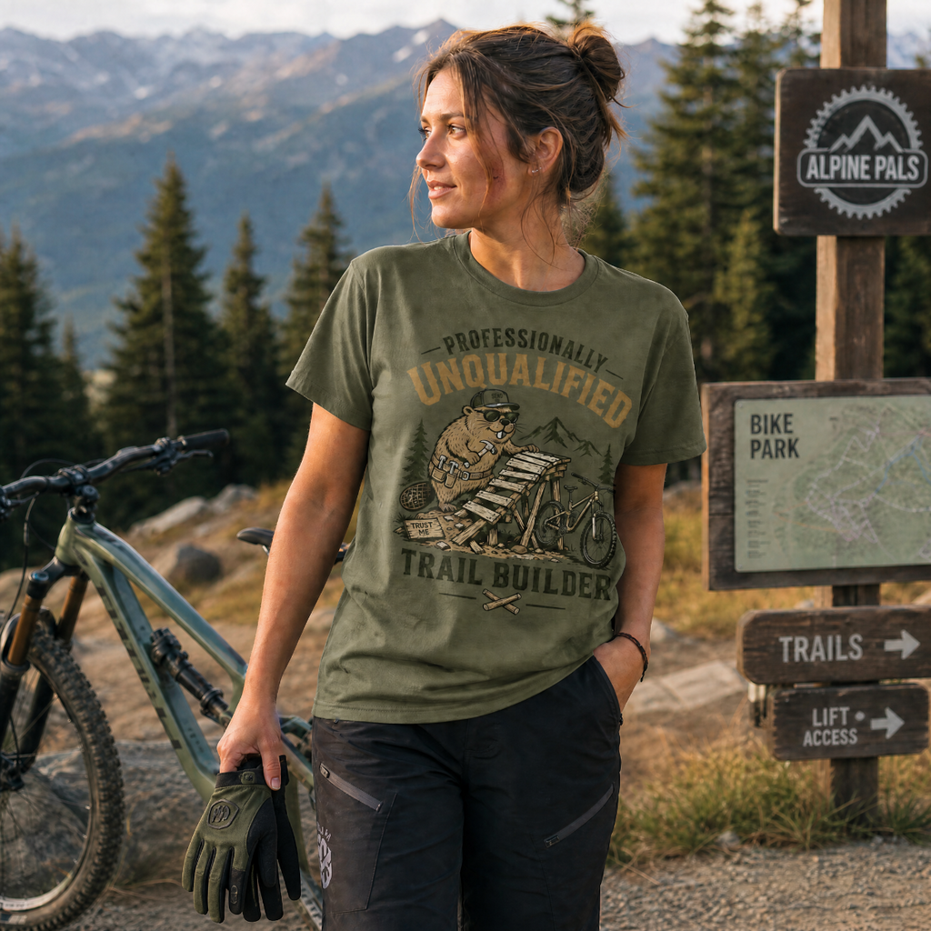 Woman in a mountain bike park wearing a t-shirt with a graphic design, standing next to a bike with mountains and signs in the background.
