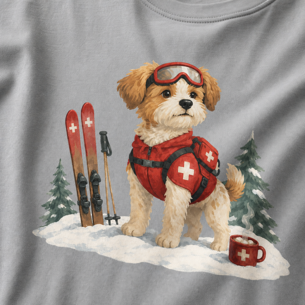 Close-up of a granite gray t-shirt with a sweet ski patrol dog graphic showing a small dog in red rescue gear beside skis and a hot cocoa mug.