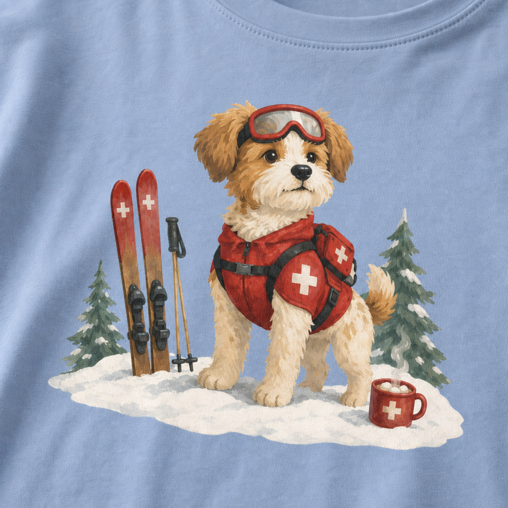Close-up of a washed denim t-shirt with a sweet ski patrol dog graphic showing a small dog in red rescue gear beside skis and a hot cocoa mug.