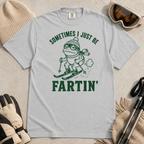 Flat lay of a granite gray t-shirt featuring a funny frog skiing graphic with “Sometimes I Just Be Fartin’” text, styled with winter accessories.