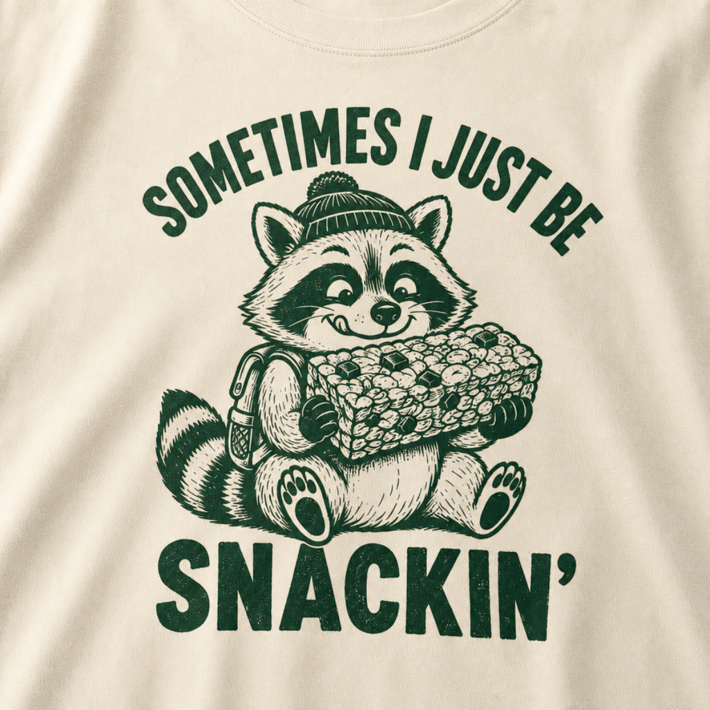 Close-up of an ivory white t-shirt with a playful raccoon snack graphic and bold “Sometimes I Just Be Snackin’” text.