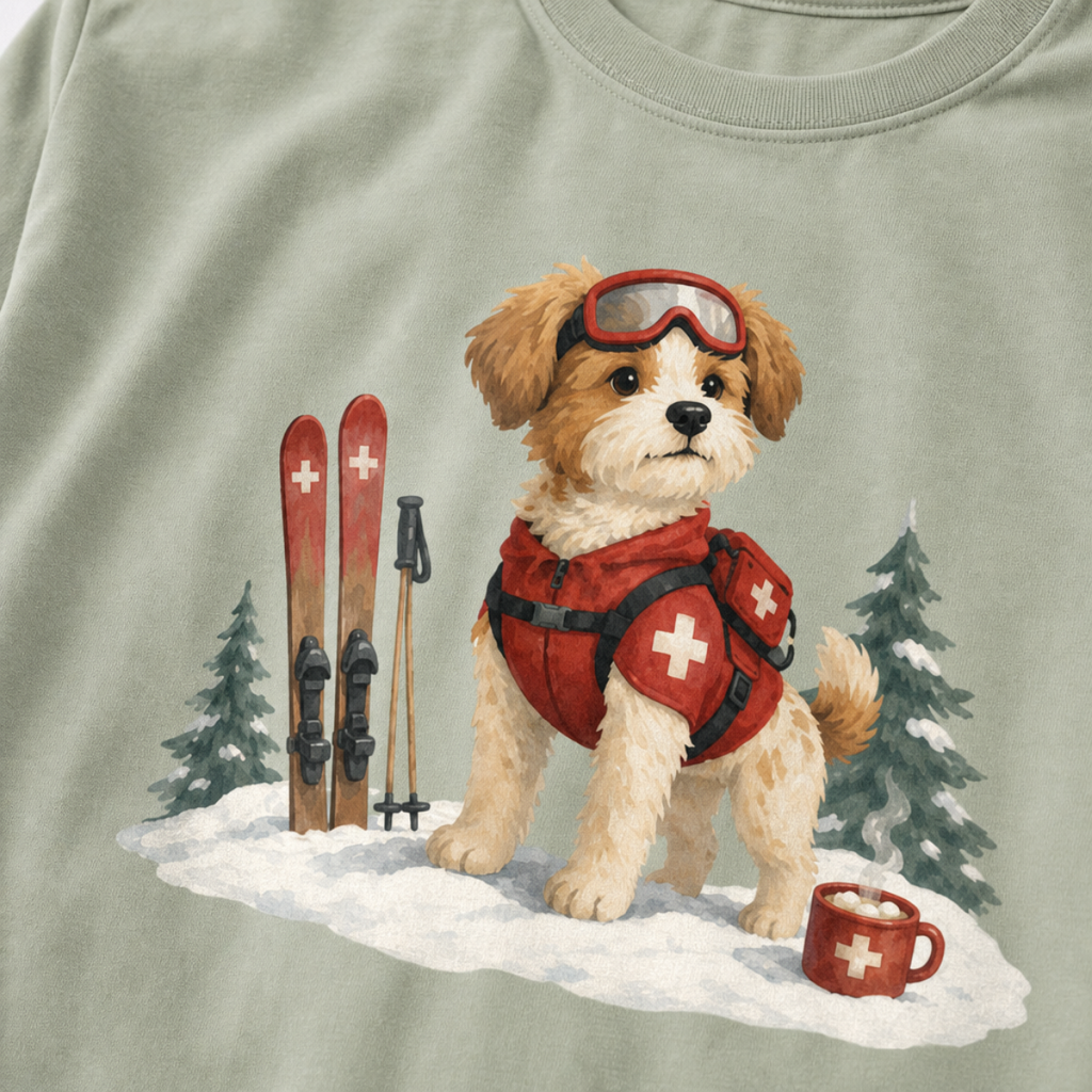 Close-up of a bay green t-shirt with a sweet ski patrol dog graphic showing a small dog in red rescue gear beside skis and a hot cocoa mug.